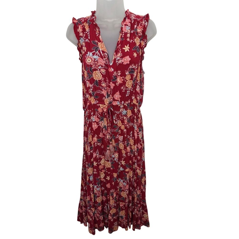 Red Floral Boho V-Neck Ruffle Sleeve Casual Country Dress Women’s Size M